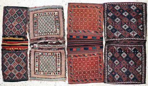 4 podwójne torby Sumakh, Persja, początek XX w., wełna na wełnie, ok. 145 x 75 cm, EHZ:3