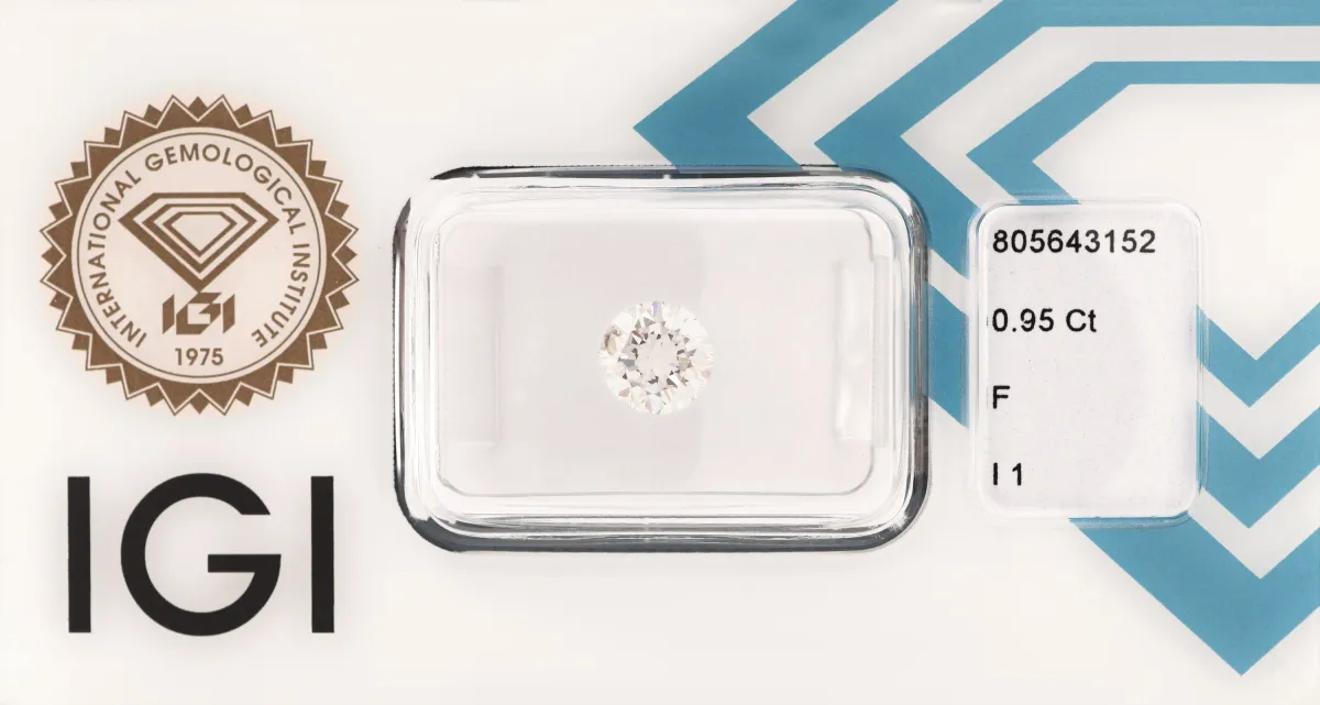 Luźny brylant, 0,95 ct drobna biel+(F)/p1, zapakowany, ekspertyza IGI w załączeniu