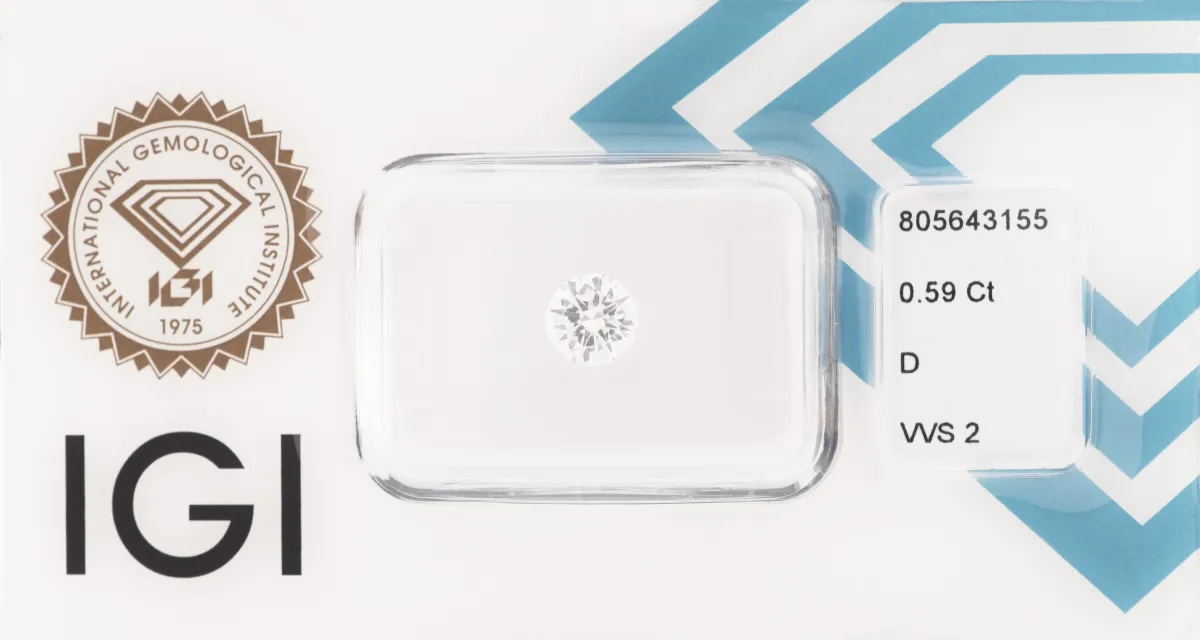 Luźny brylant, 0,59 ct wysokiej bieli+(D)/vvs2, zapakowany, dołączony certyfikat IGI