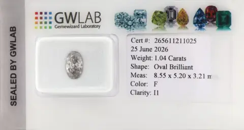 Diamant ovale taille brillant, 1,04 ct blanc/p, 8,55 x 5,20 x 3,21 mm, fluorescence faible