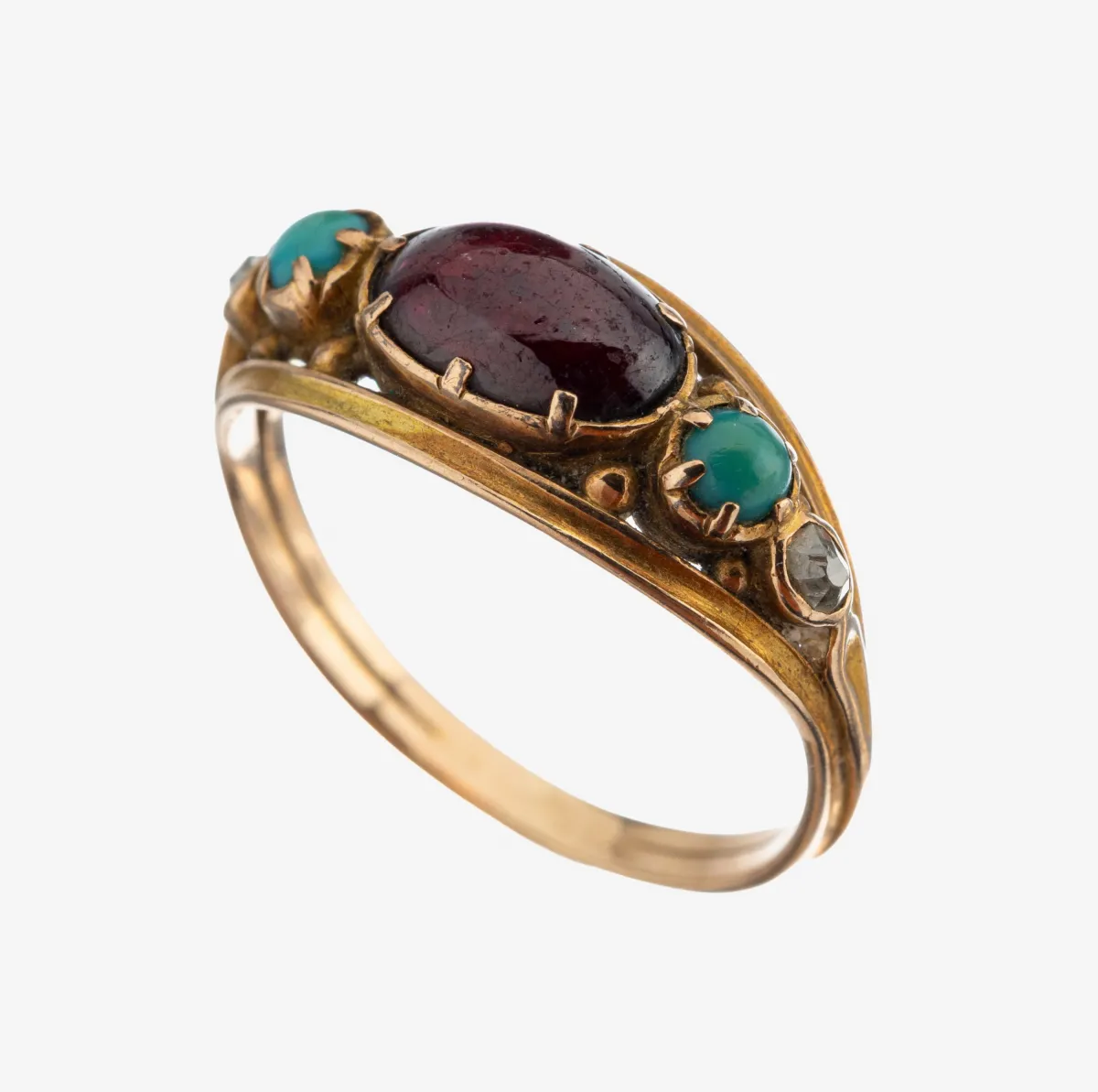14 kt Gold Granat-Türkis-Diamant-Ring, um 1900, GG 585/000, ovaler Granat-Cabochon,