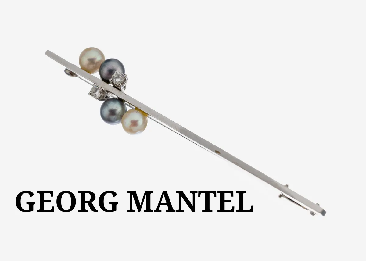 18 kt gold pearl-diamond brooch, white gold 750/1000, plain bar, 4 cultured pearls, white and