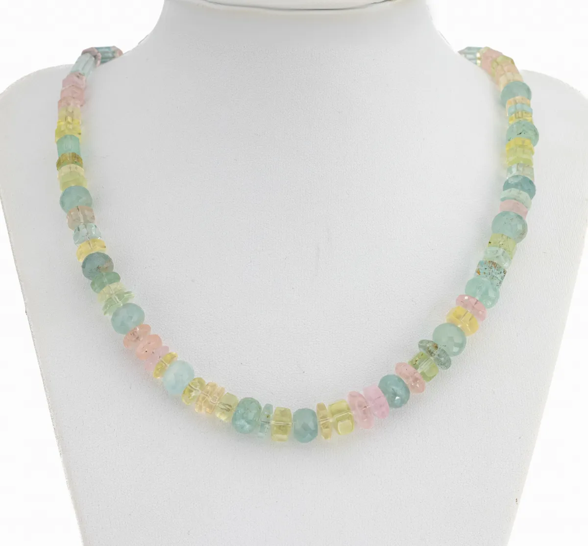 Aquamarine-morganite necklace, aquamarines and morganites in various cuts, length approx.