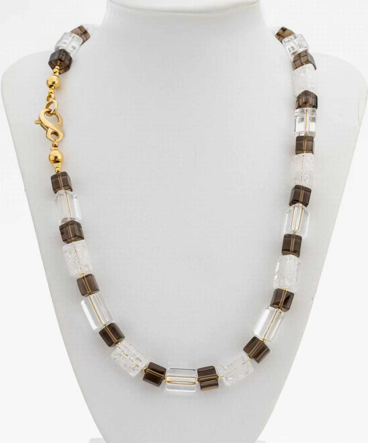 Rookkwarts bergkristal collier, afwisselend rookkwarts kubussen en bergkristal prisma's,
