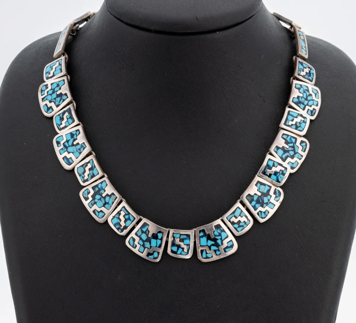 Türkis-Collier, Mexiko, 925er Silber, Glieder in versch. Größen und Formen, Türkis-