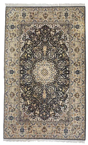 Carpet with floral decor and animal depictions
