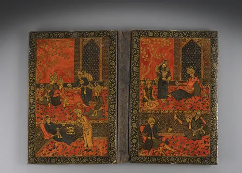 Decorative book binding, front and back covers with polychrome lacquer painting. Figurative scenes. Inside arabesque floral decoration