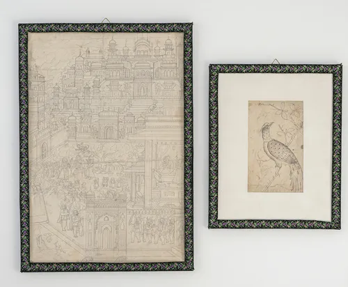 Two miniatures/drawings: bird and palace view, framed under glass
