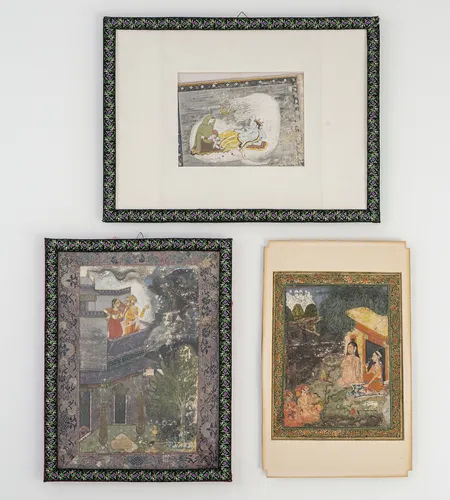 Group of three miniatures, including Krishna, two framed under glass