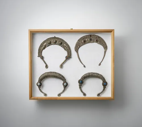Group of necklaces, belt, betel cutter and pendants, partly silver, mounted in two glass cases