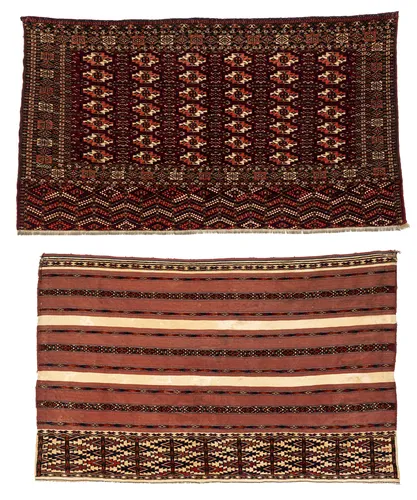 A knotted Tekke Tschowal front and a woven Tekke Ak-Tschowal front with knotted pattern bands