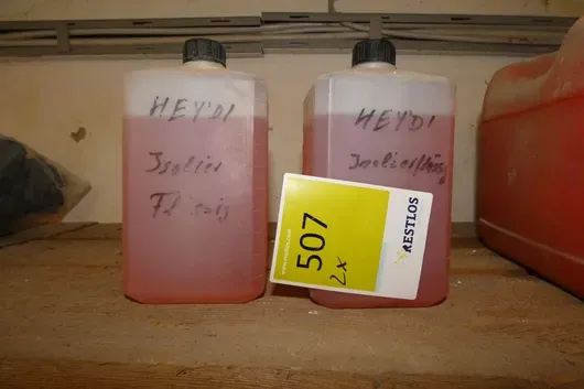 2 bidons HEYDI - liquide isolant, étiquetés à la main