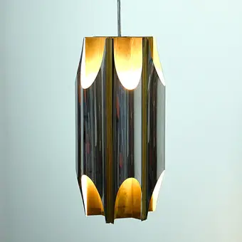 MAISON CHARLES. Hanglamp / plafondlamp, 'Orgue', 6-lichts, chroom, messing, 1970er jaren, Frankrijk.