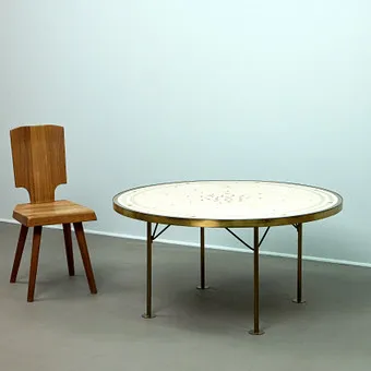 BERTHOLD MÜLLER - OERLINGHAUSEN. Coffee table / mosaic table, brass, wood, stone, 1950s, Germany.