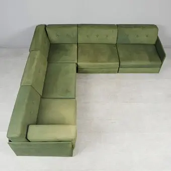 VIJFDELIGE MODULAIRE ZITBANK / ZITGARNITUUR, hout, stof, jaren 1970, Duitsland. (5).