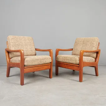 JUUL KRISTENSEN. Glostrup, Paar Sessel / Lounge Chairs, Teak, Wolle, Dänemark, 1960er Jahre. (2).