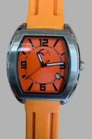 Quartzové unisex náramkové hodinky s oranžovým ciferníkem a oranžovým gumovým páskem, jako nové