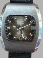 Vintage Roberta Automatic men's wristwatch from the 1970s, brown gradient dial, solid cushion-shaped stainless steel case, movement runs, good condition, leather strap defective