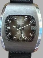 Vintage pánské náramkové hodinky Roberta Automatic ze 70. let, hnědý přechodový ciferník, masivní polštářové pouzdro z nerezové oceli, strojek běží, dobrý stav, kožený řemínek poškozený