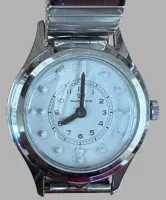 Vintage braille watch (tactile wristwatch) with a silver-coloured metal case and an elastic metal expansion band. "Movado" movement runs, dial with raised dots, watch glass hinged, good condition