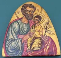 Greek icon "St. Joseph" tempera on wood, verso label with description from 1981, 23x20 cm