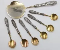 antike Eisvorlegebesteck-Set, Jugendstil, 800er Silbergriffe, gute Erhaltung, ca. L-25,5cm u. 14,5cm