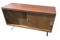 Vintage sideboard from the 1960s with wood veneer, sliding doors and metal legs, H 70 cm, 120x47 cm, signs of wear