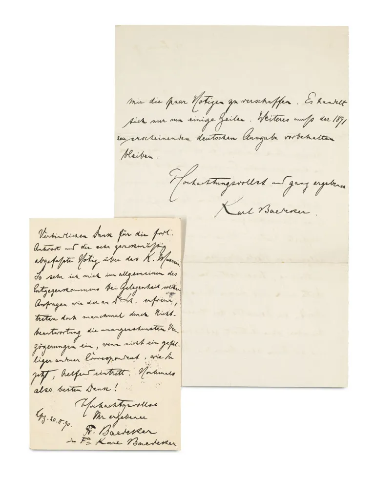 Fritz Baedeker – Vlastnoruční dopis s podpisem „Karl Baedeker“ pánům (nakladateli Ernst Victor) Schmorl a (Alfred) von…