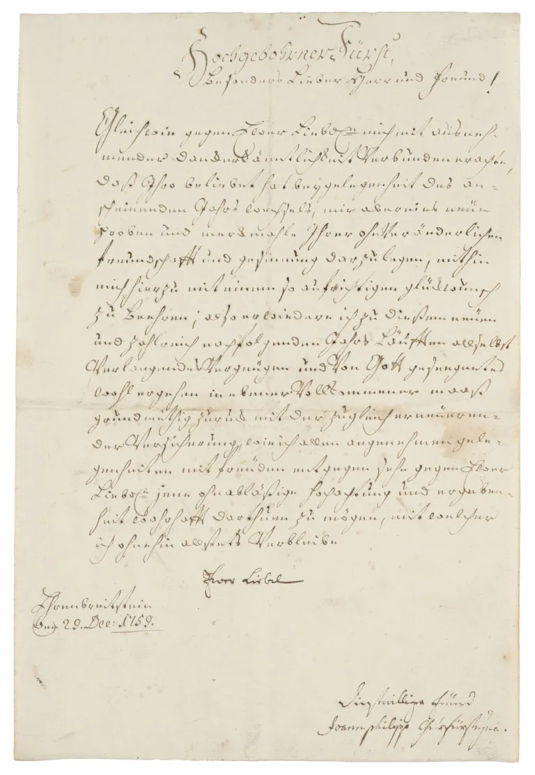 Johann IX. Philipp von Walderdorff – Dopis s vlastnoručním podpisem arcibiskupa a kurfiřta trevírského knížeti