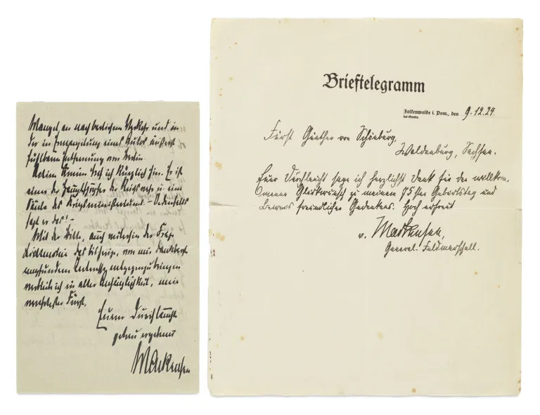 August von Mackensen – Brieftelegramm mit eigenhändiger Unterschrift des General-Feldmarschalls (1849-1945) an Fürst Günther von…