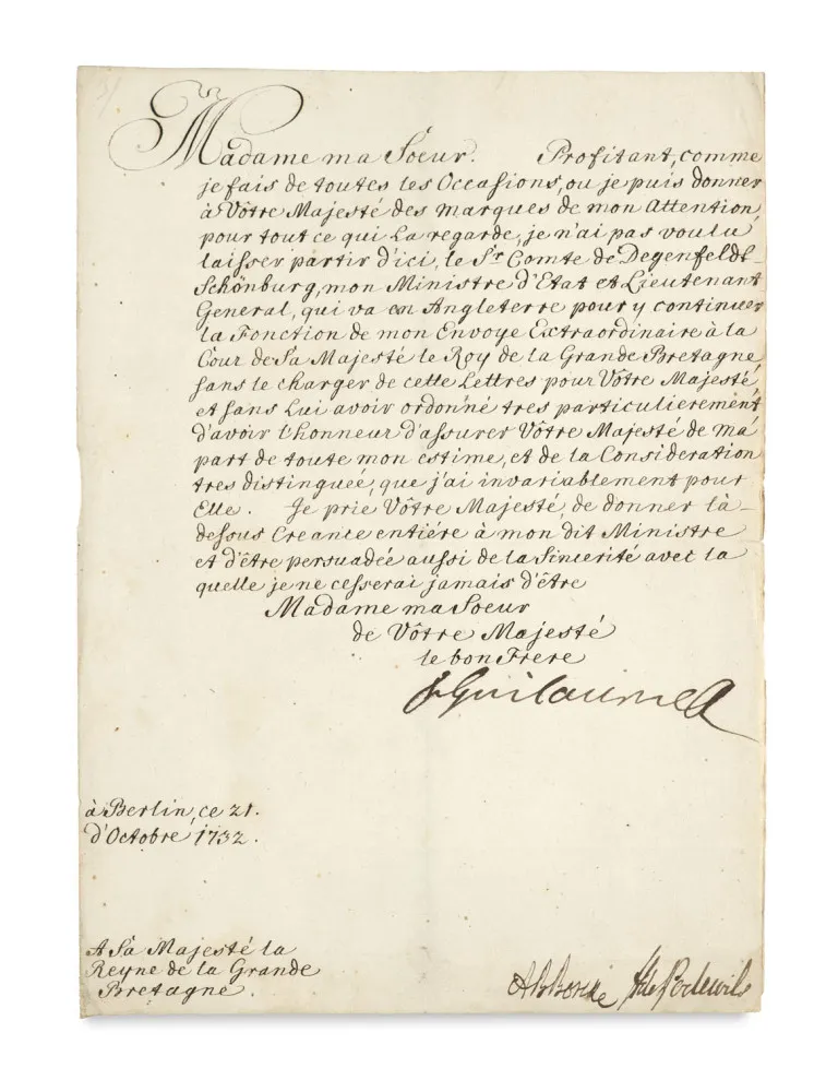 Frédéric-Guillaume Ier de Prusse – Lettre du « Roi-Sergent » (1688-1740) avec signature autographe « FrGuilaume » à la reine de…