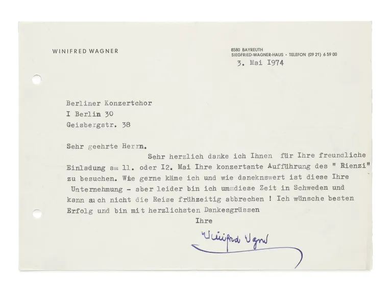 Winifred Wagner – Maschinenschriftlicher Brief mit eigenhändiger Unterschrift von Richard Wagners einziger Schwiegertochter (1887-1980) an…