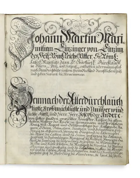 Magnifique acte notarié de l'époque du Saint-Empire romain germanique avec initiales ornées, armoiries, miniature en couleur et nombreux…
