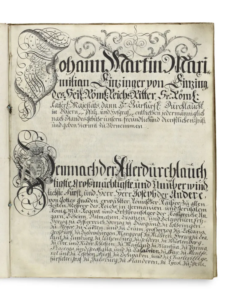 Magnifique acte notarié de l'époque du Saint-Empire romain germanique avec initiales ornées, armoiries, miniature en couleur et nombreux…