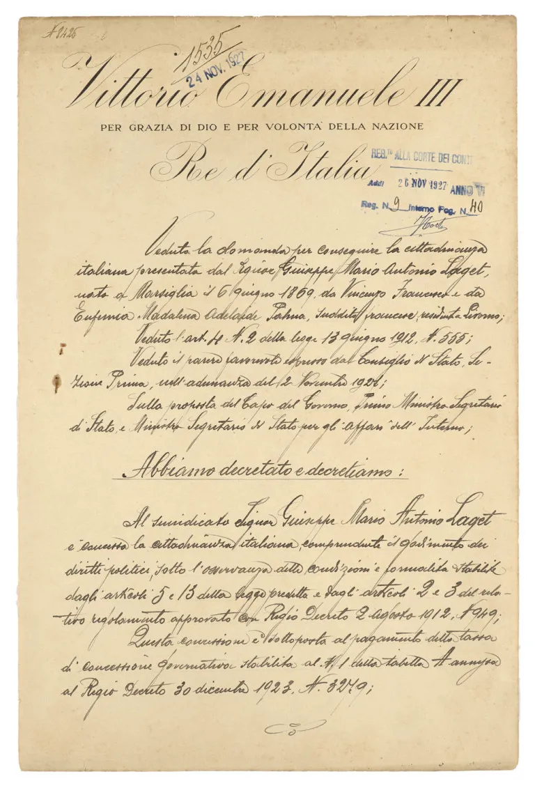 Roi Vittorio Emanuele III – Décret manuscrit d'attribution de la citoyenneté à Giuseppe Mario Antonio Laget avec…