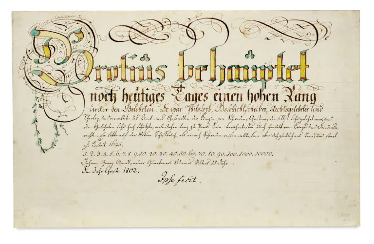 Grotius behauptet noch heutiges Tages einen Hohen Rang unter den Gelehrten ... Deutsche Handschrift mit koloriertem kalligraphischen…