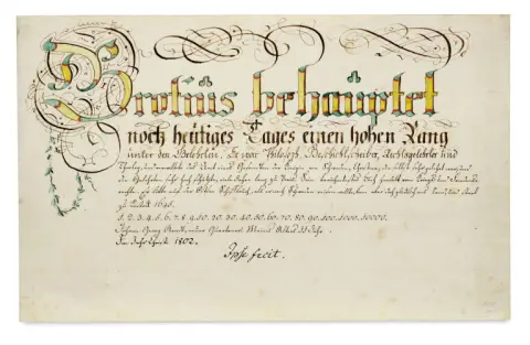 Grotius revendique encore aujourd'hui un rang élevé parmi les savants ... Manuscrit allemand avec incipit calligraphique coloré …