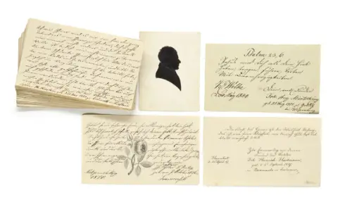 Collection de 57 feuilles de livre d'or avec 57 inscriptions issues du milieu de la communauté des frères moraves, 4 (2 col.) petits dessins et 1