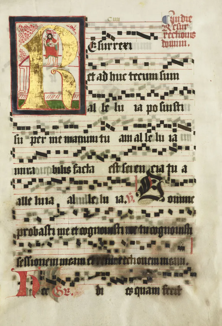 Antiphonary leaf in black ink with large gold-heightened, coloured miniature, square notation and red rubricated text