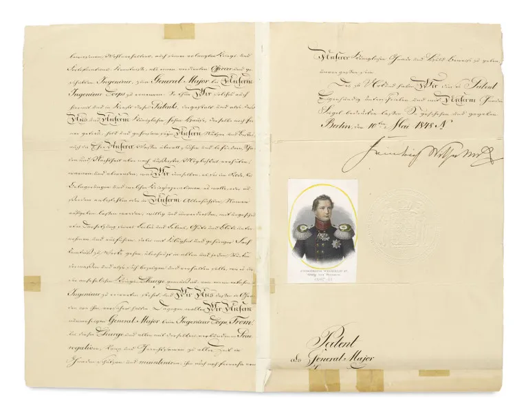 Frederick William III – Patent as Captain in the First Engineer Brigade for Premier Lieutenant Friedrich Fromm