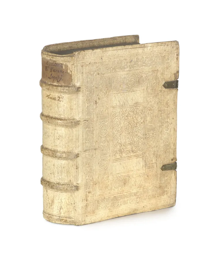 German late Renaissance pigskin binding on four raised bands over wooden boards bevelled at the edges, spine in five …