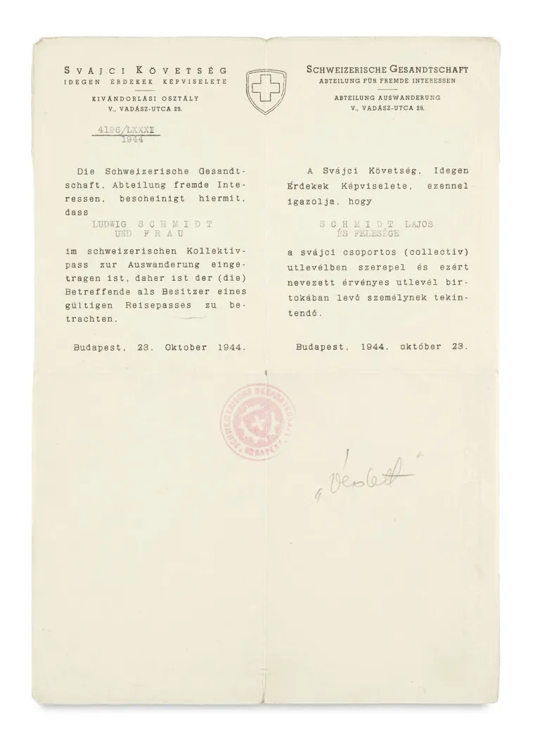 Lettre de protection de la légation suisse à Budapest sous la direction de Carl Lutz, « Juste parmi les nations »