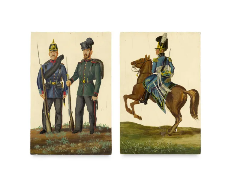Karl Hubbuch – Collection de 2 panneaux peints représentant des uniformes militaires
