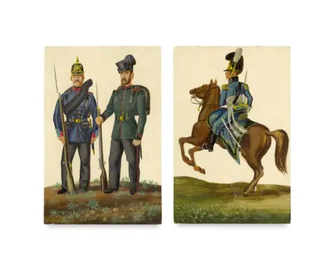 Karl Hubbuch – Sammlung von 2 gemalten Tafeln mit Darstellungen militärischer Uniformen