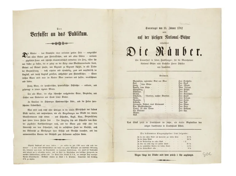 Affiche théâtrale pour la première de la pièce "Les Brigands" de Friedrich Schiller à Mannheim, 13 janvier 1782