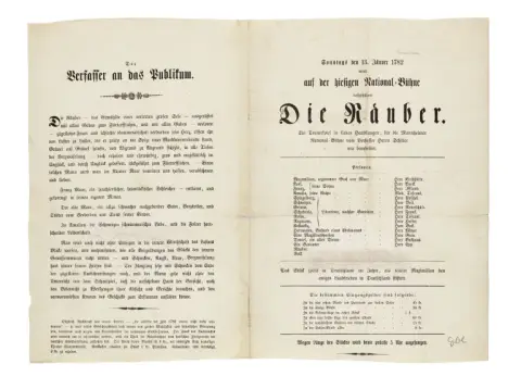 Theaterzettel zur Uraufführung des Theaterstücks "Die Räuber" von Friedrich Schiller in Mannheim, 13.Januar 1782