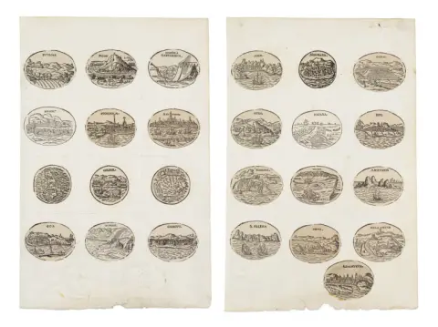 Collection de 25 vignettes topographiques gravées sur bois en médaillons ovales