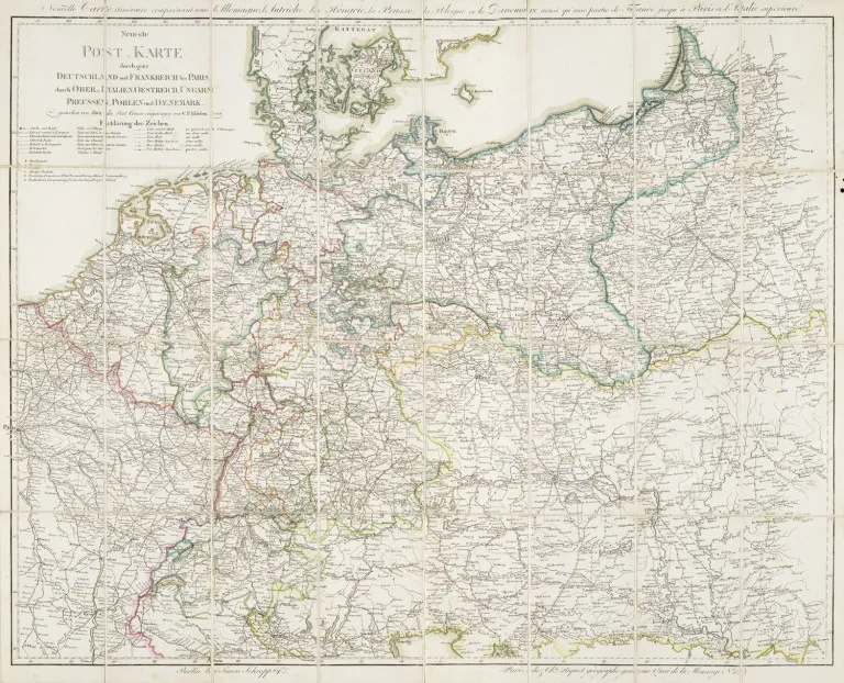 Nejnovější poštovní mapa celým Německem a Francií do Paříže, severní Itálií, Rakouskem, Uherskem, Pruskem, Polskem a Dánskem