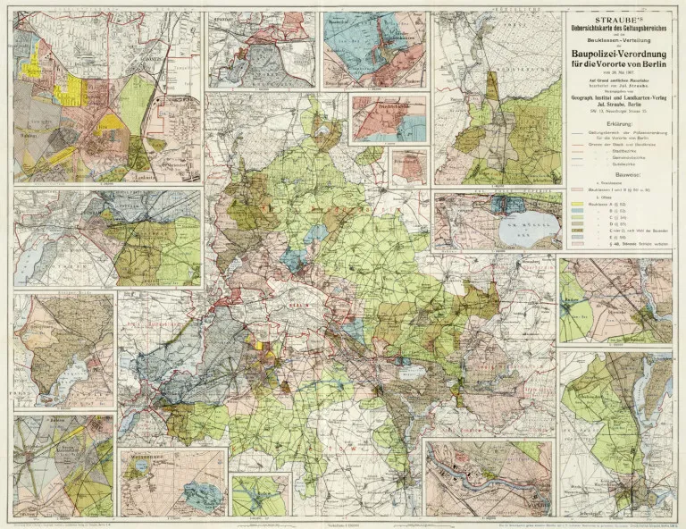 Julius Straube – Carte d'ensemble de Straube de la zone d'application et de la répartition des classes de construction du règlement de police du bâtiment pour les faubourgs…
