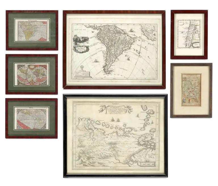 Barent Langenes – Collection of 3 colored engraved maps: Den Cloot der Aerden (by J. Hondius) - America (North and South America) - America…